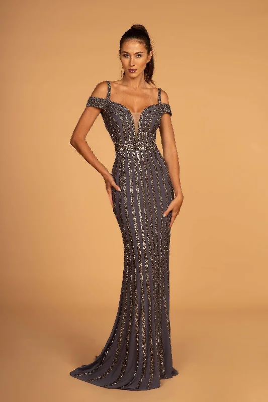 Cut-Away Shoulder Glitter Tulle Mermaid Long Dress