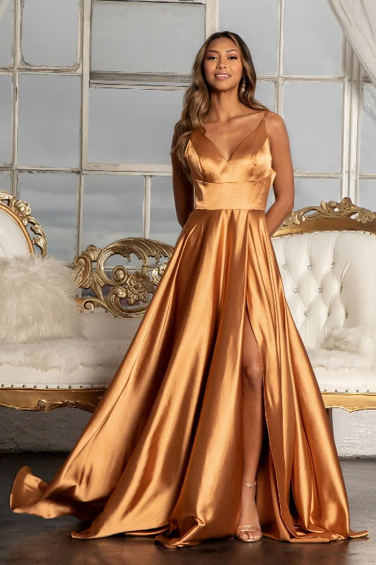 Long Shiny Satin V-Neck Dress by Elizabeth K GL1991