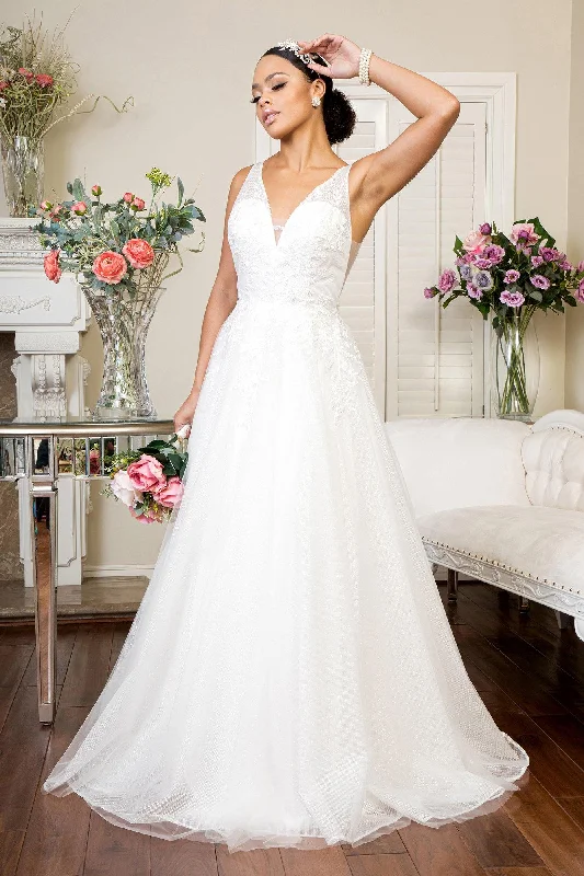 Long Floral Glitter Mesh Wedding Gown