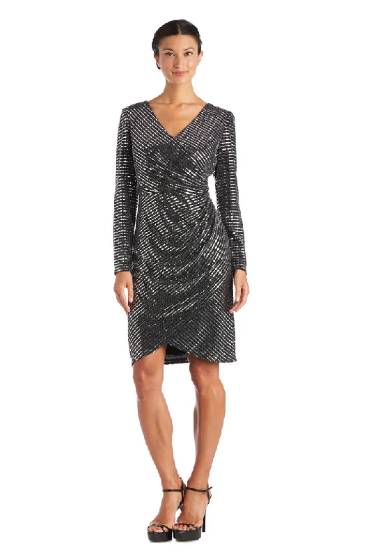 Nightway 21843 Long Sleeve Metallic Cocktail Short Dress