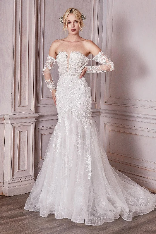 Cinderella Divine CD977W Off Shoulder Long Trail Wedding Dress