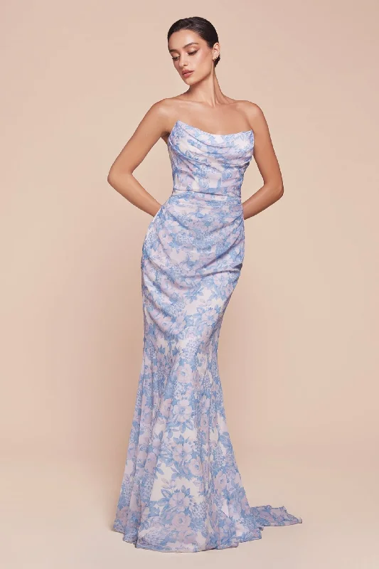 SELENA Strapless Floral Printed Soft Satin Fitted Bridesmaid Dress