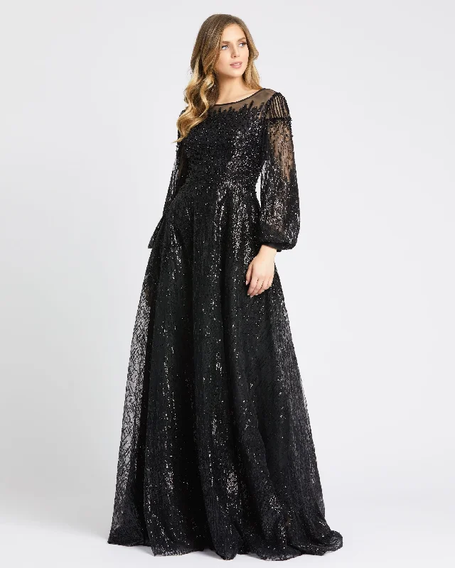 Jewel Encrusted Illusion Long Sleeve A Line Gown