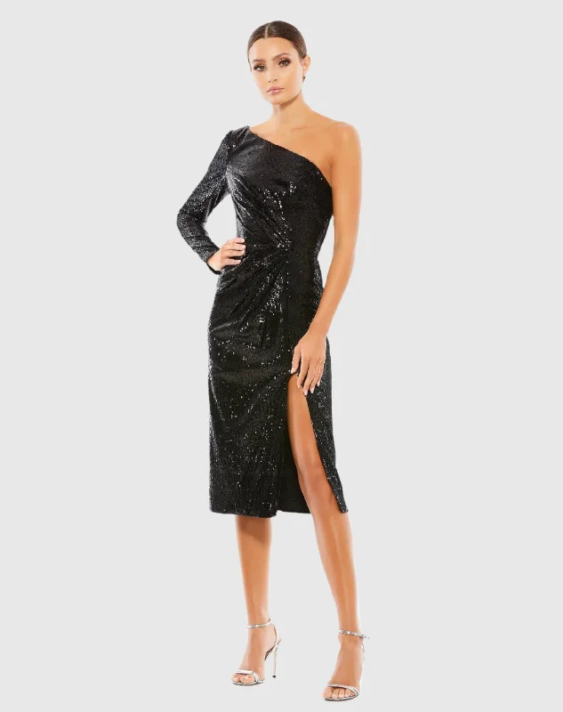 Ruched Sequined One Shoulder Midi Dress