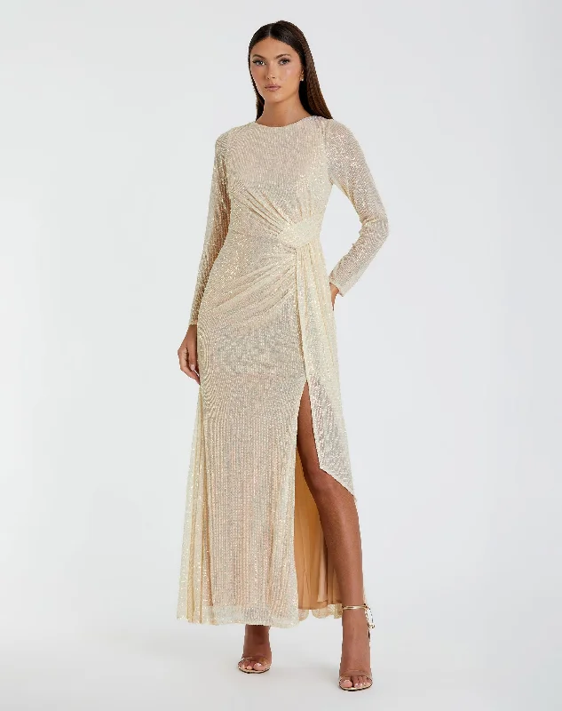 Sequined Ruched Long Sleeve Boat Neck Gown