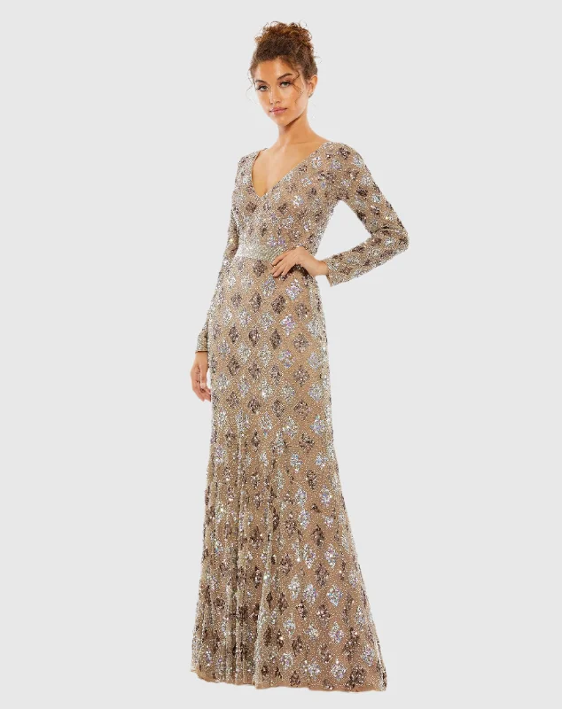 Brown Geometric Embellished Evening Gown