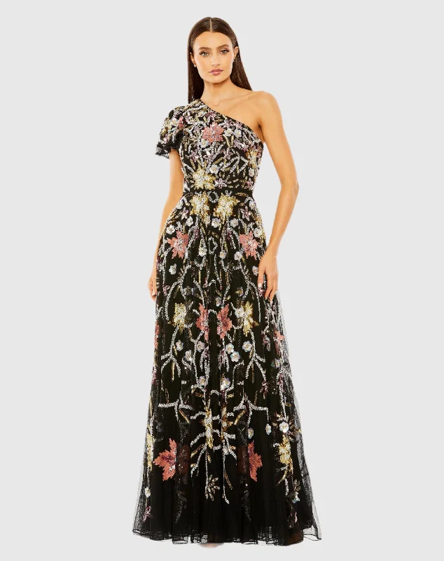 One Shoulder Beaded Floral Gown