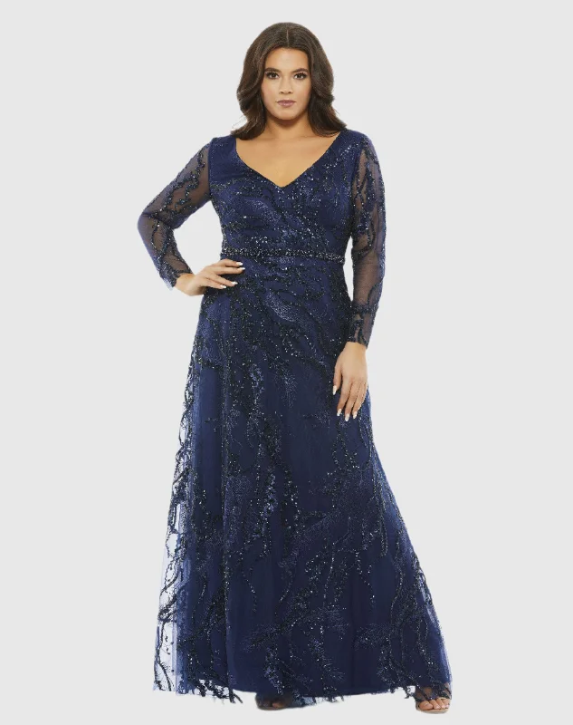 Embellished Illusion Long Sleeve V-Neck A-Line Gown (Plus)