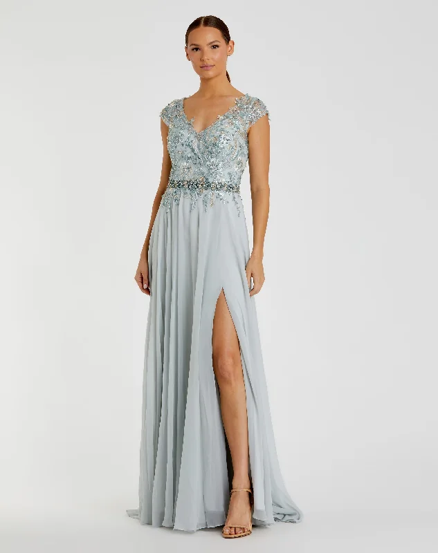 Embellished Cap Sleeve Bodice Flowy Gown