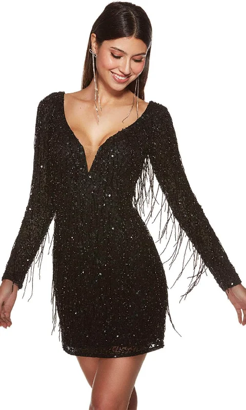 Alyce Paris 4873 - Fringes Plunging V-Neck Cocktail Dress