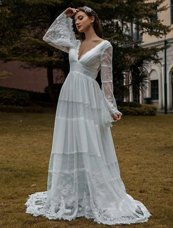 Bridal Gowns Boho Wedding Dress Long Sleeves Lace V-Neck Lace Chiffon Wedding Gowns Exclusive