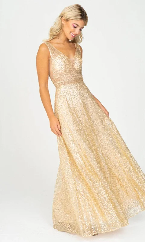 Eureka Fashion 9005 - Plunging V-Neck Glitter Mesh Prom Gown