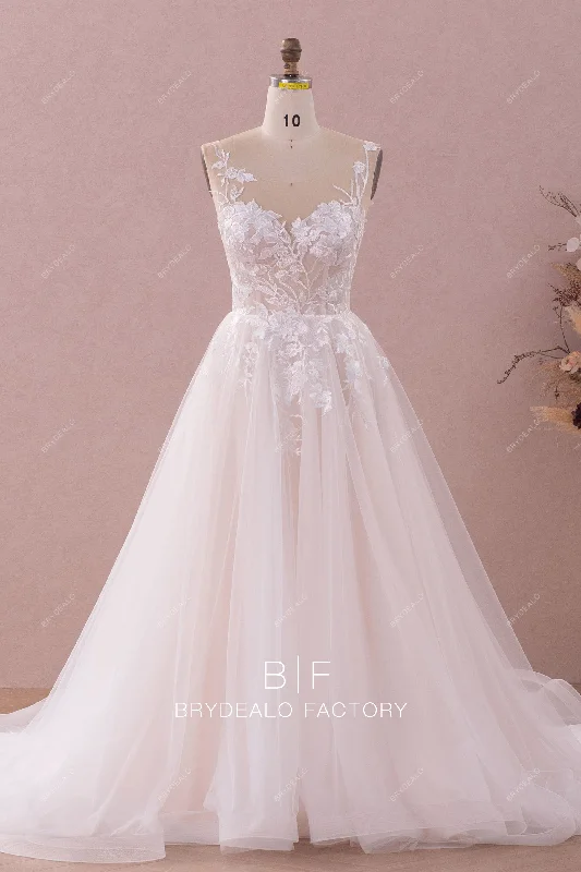 Flower Lace Tulle Keyhole Back A-line Wedding Dress