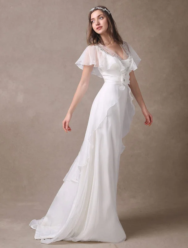 Glamorous Court Train Ivory Bridal Wedding Dress With Beading V-Neck Exclusive