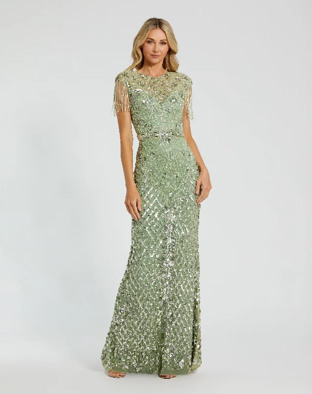 Green High Neck Sleeveless Beaded Fringe Fitted Gown