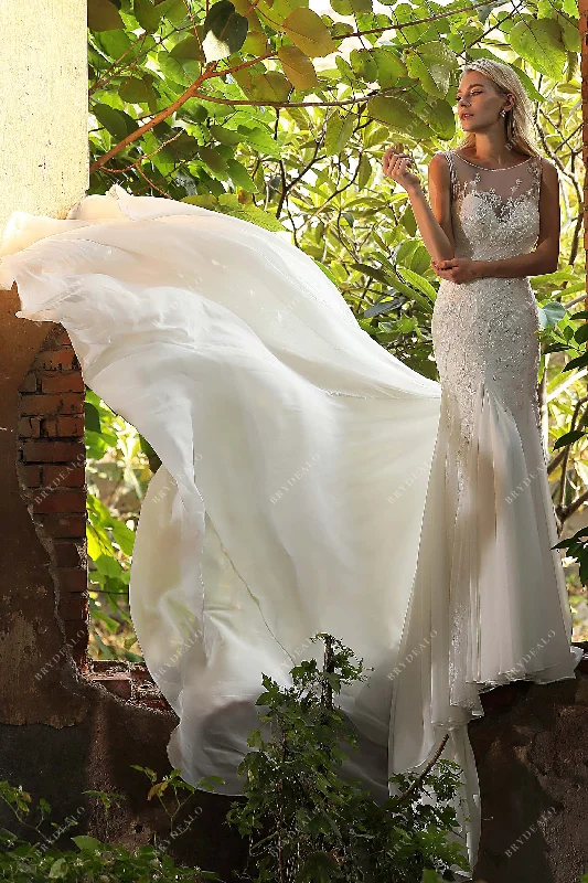 Illusion Bateau Neck Chiffon Mermaid Garden Bridal Gown