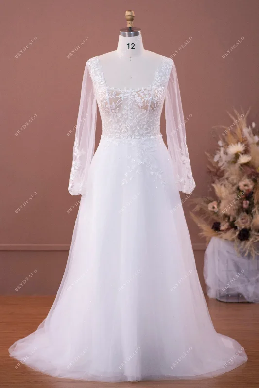 Shimmery Sheer Sleeve A-Line Tulle Wedding Dress