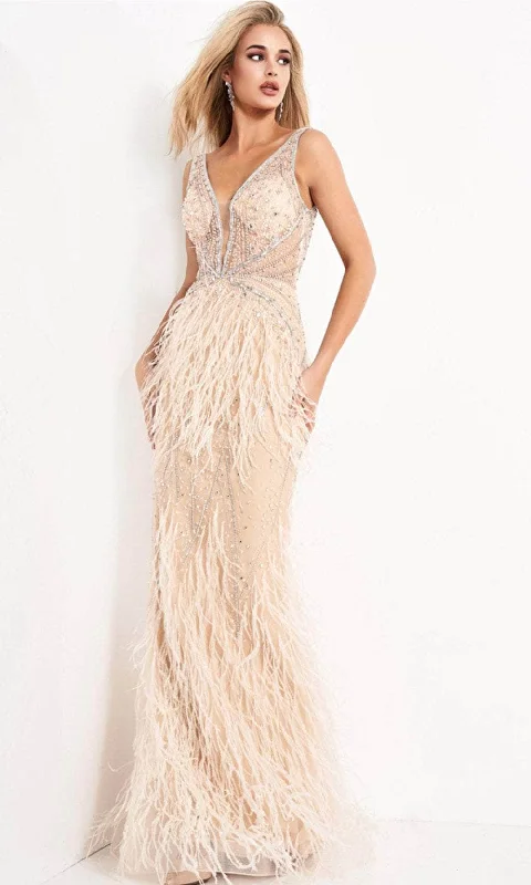 Jovani - 03023 Sheer Bodice Beaded Adorned Feather Fitted Evening Gown