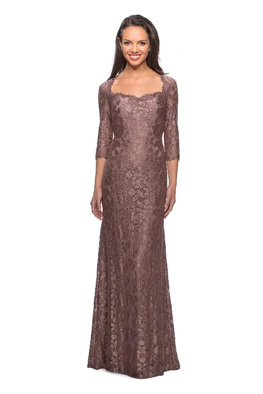 La Femme - 26427 Floral Lace Sheer Quarter Sleeve Sheath Gown