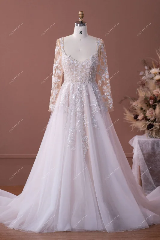 Luxurious Illusion Sleeved Lace A-line Bridal Dress