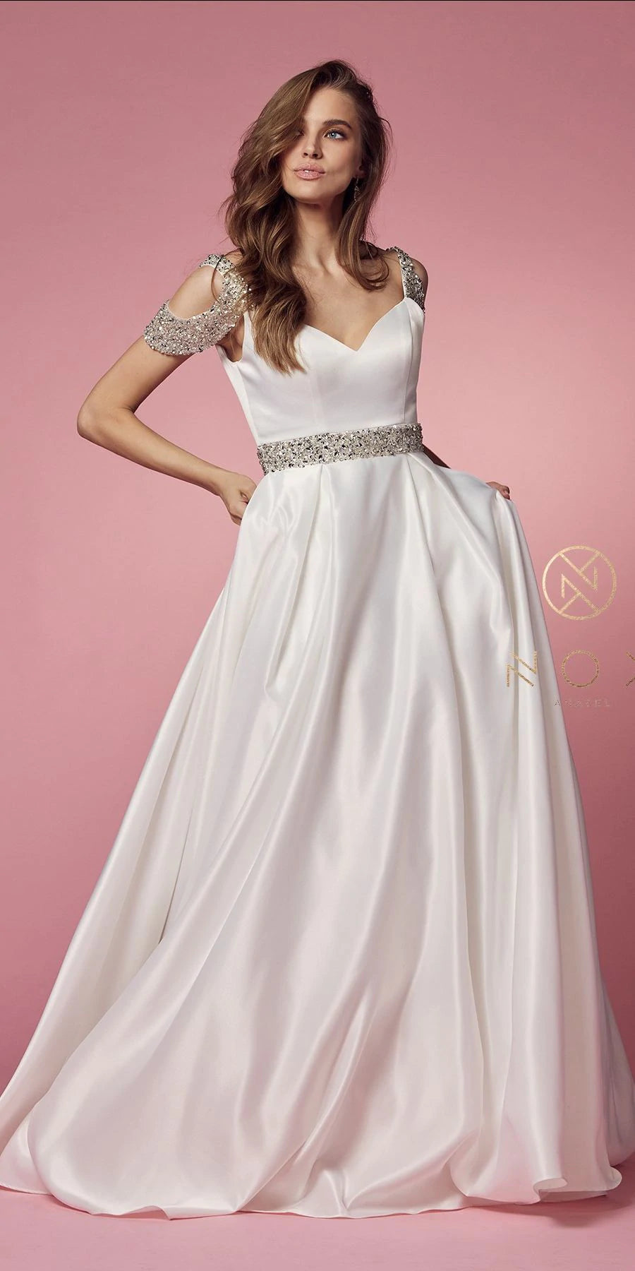 Nox Anabel R224W Long Satin A Line Ballgown Pockets Off the shoulder Dress Pageant Bridal