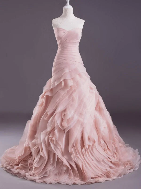 Pink A-Line Strapless Sweetheart Neck Tiered Sweep Wedding Gown