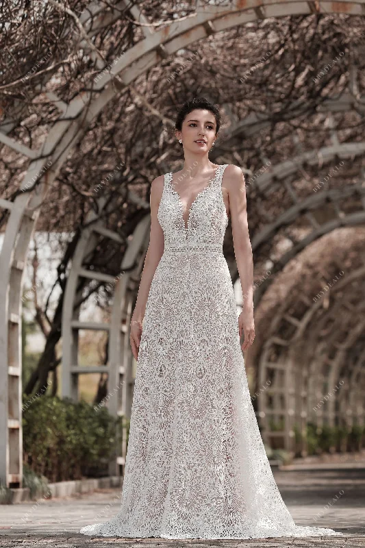 Plunging V-neck Sleeveless Whimsical Lace A-line Wedding Dress