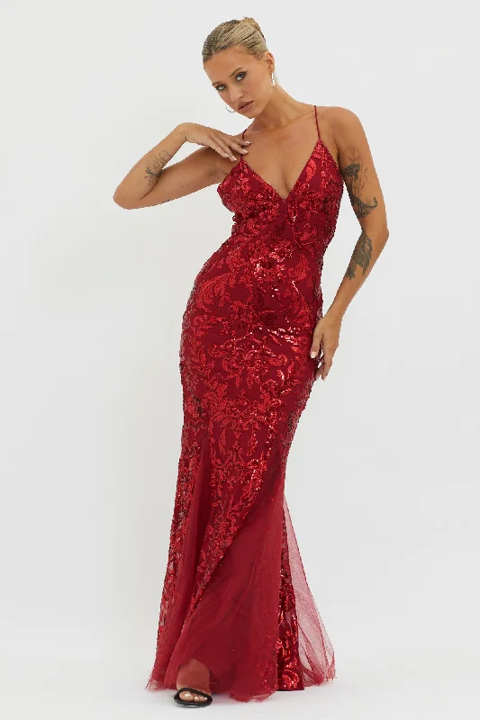 Serenade Song Godet Hem Sequin Maxi Dress Red