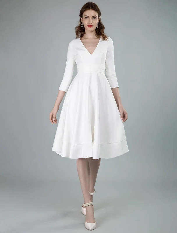 Short Wedding Dresses V Neck 3/4 Length Sleeves A-Line Knee Length Bridal Dress Exclusive