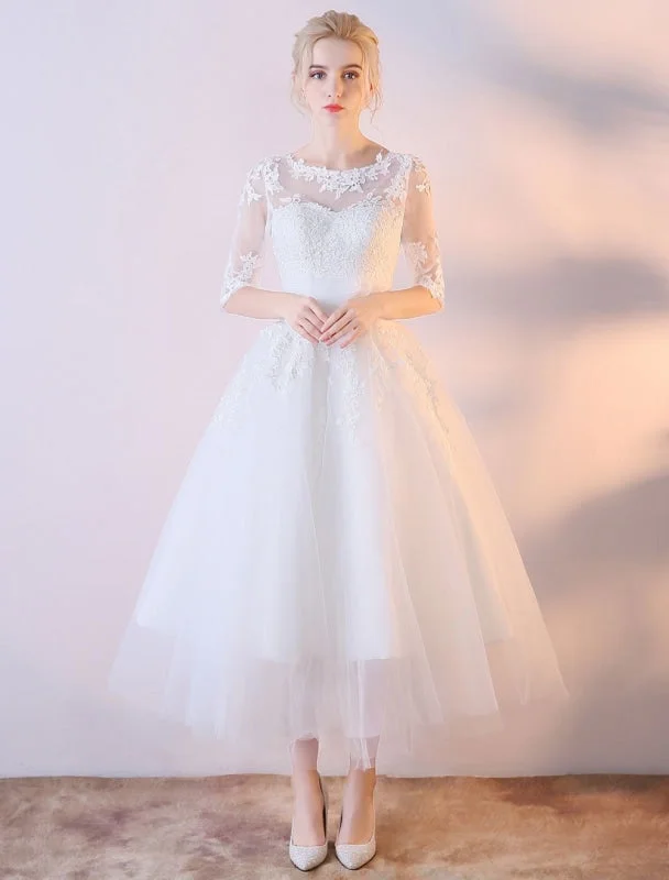 Short Wedding Dresses White Half Sleeve Lace Applique Tea Length Bridal Dress