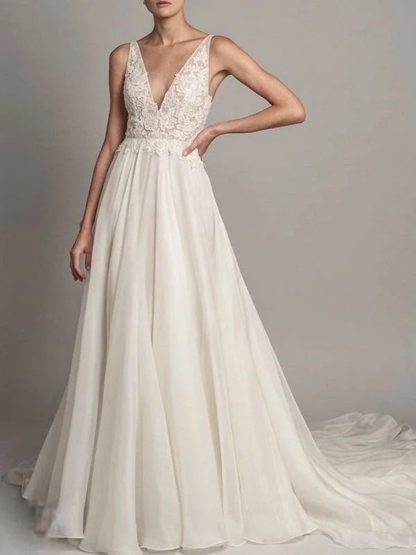 Simple Wedding Dress 2021 A Line V Neck Sleeveless Beaded Bridal Dresses With Train