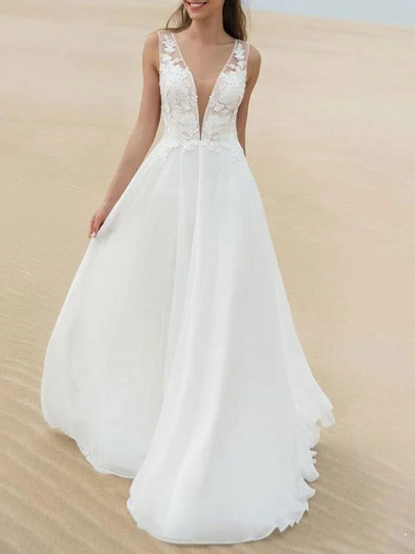 Simple Wedding Dress A Line V Neck Sleeveless Lace Illusion Back Bridal Gowns