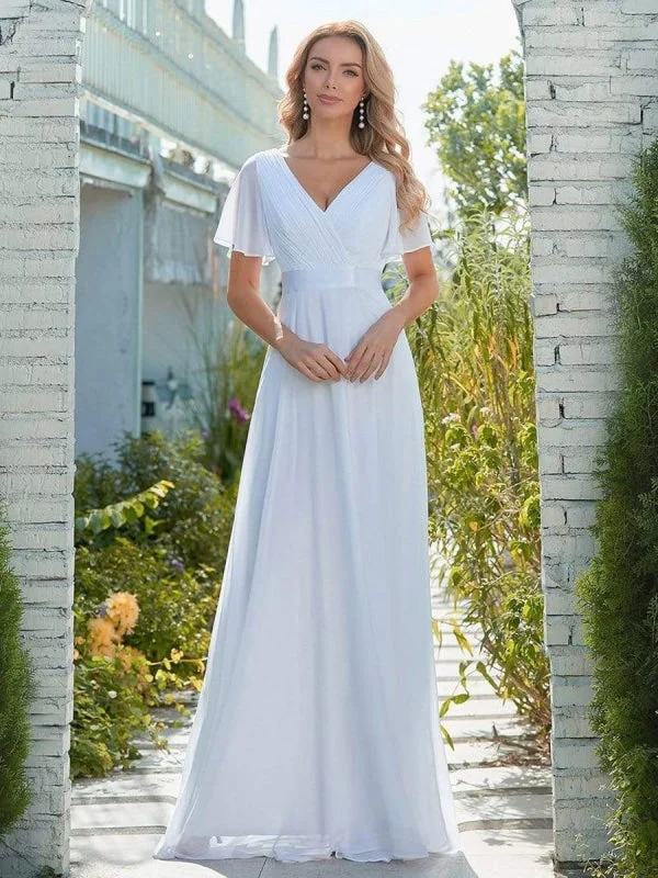 Simple Wedding Dress Chiffon V-Neck Short Sleeves Backless A-Line Long Bridal Gowns