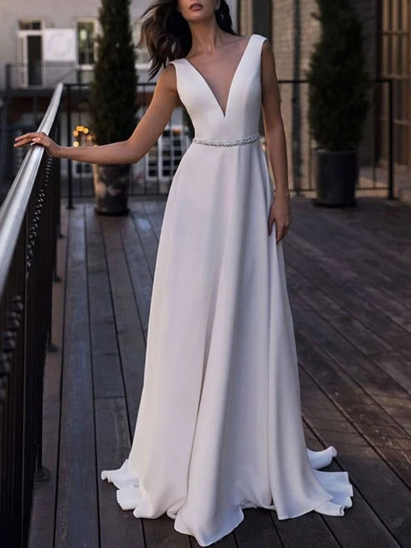 Simple Wedding Dress Satin Fabric V Neck Sleeveless Sash A Line Floor Length Bridal Gowns