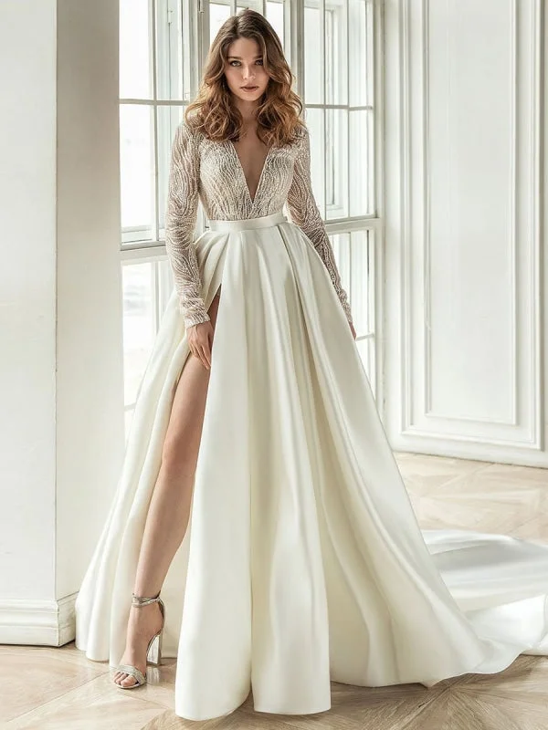 Simple Wedding Dress With Train A Line V Neck Long Sleeves Lace Bridal Dresses