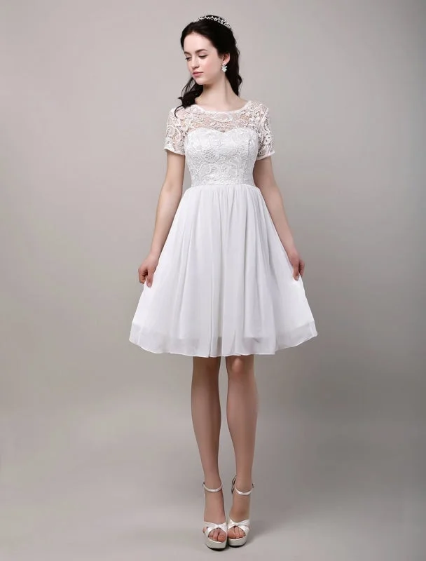 Simple Wedding Dresses Short Sleeves Lace Bodice Chiffon Reception Bridal Dress