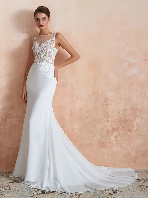 Wedding Dress 2021 Mermaid Sleeveless Lace Appliqued Beach Bridal Gowns With Train