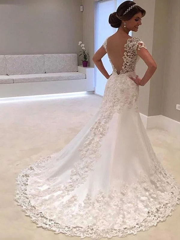 Wedding Dresses 2021 V Neck Short Sleeve Sheath Deep V Backless Lace Beaded Bridal Gowns With Train