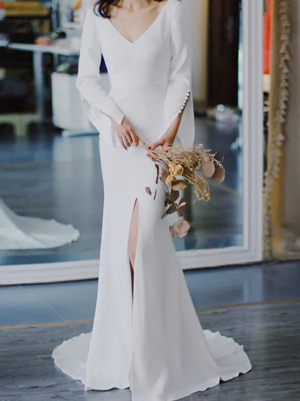 White Simple Wedding Dress Satin Fabric V-Neck Long Sleeves Buttons Mermaid Bridal Gowns