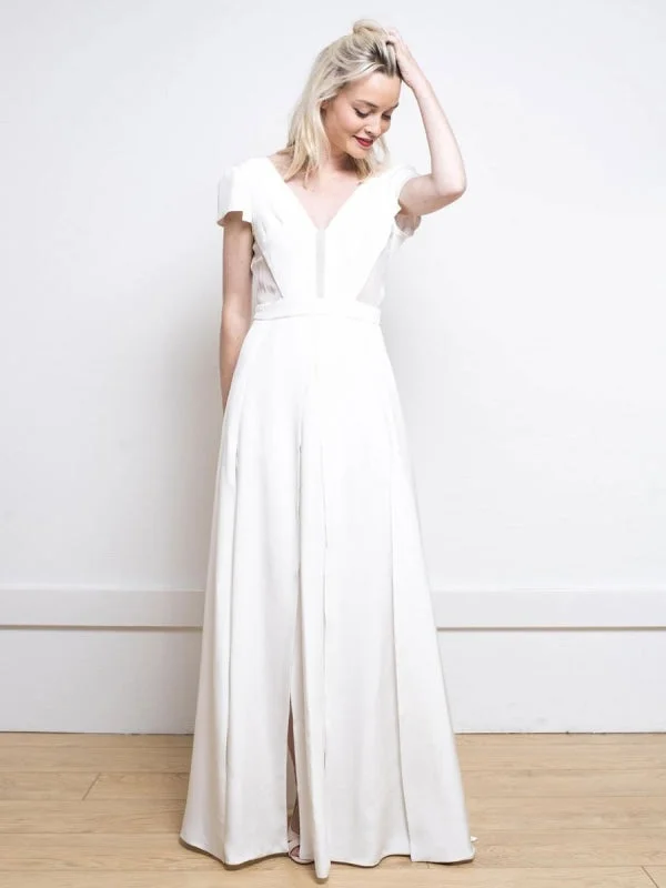 White Simple Wedding Dress Satin Fabric V-Neck Short Sleeves Backless Split Front A-Line Long Bridal Dresses