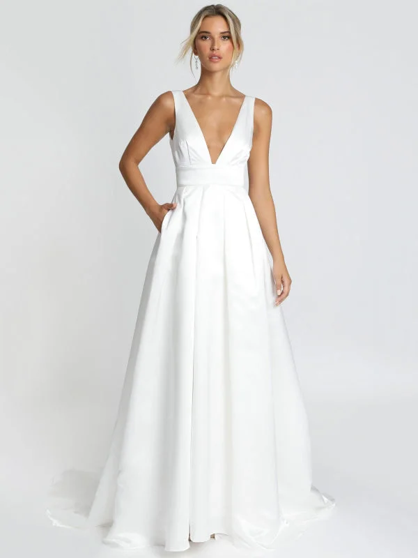 White Simple Wedding Dress Satin Fabric V-Neck Sleeveless Backless A-Line Bridal Dresses