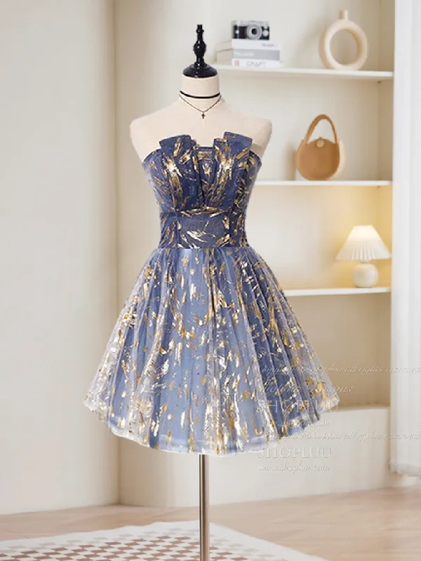 A-Line Tulle Lace Blue Short Prom Dress, Cute Blue Homecoming Dress