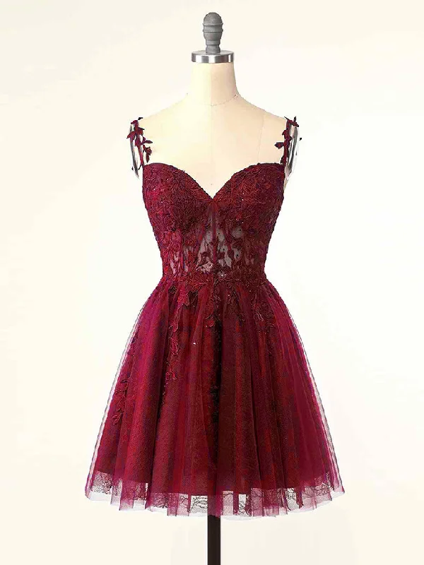 Burgundy A-Line Tulle Lace Short Prom Dress, Cute Burgundy Homecoming Dress