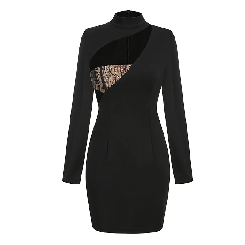 Sexy Cutout Front Lace Panel High Neck Long Sleeve Bodycon Mini Party Dress