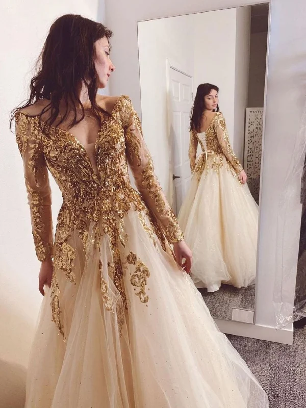 Gold v neck tulle long prom dress, gold evening dress