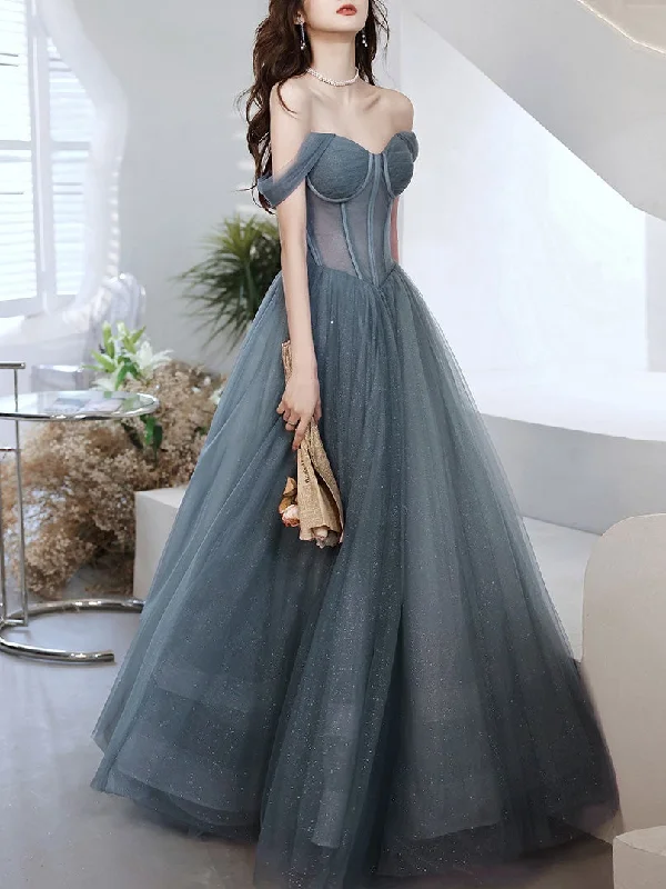 Gray blue tulle long prom dress, gray tulle formal dress