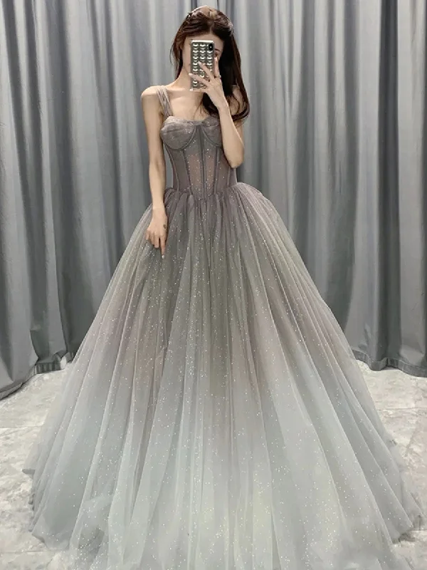 Gray tulle A line long prom dress, gray tulle formal dress