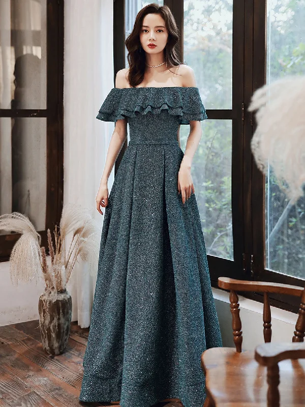 Green A line  off shoulder long prom dress, green bridesmaid dress