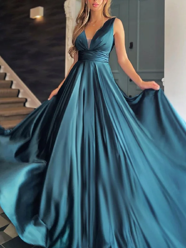 Green A line satin long prom dress, green evening dress