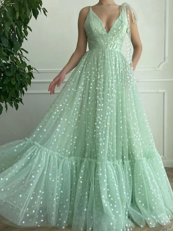 Green A line tulle long prom dress, green tulle evening dress